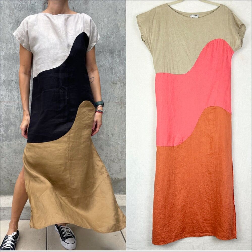 Anthropologie Margo Baridon Colorblock Linen Midi Dress Size Small